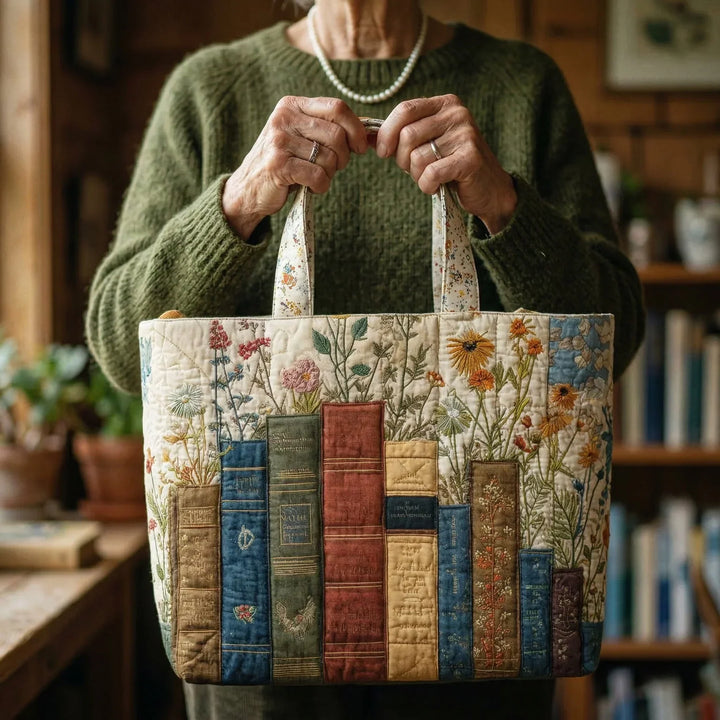 Artisanal Quilted Bag: Books and Flowers